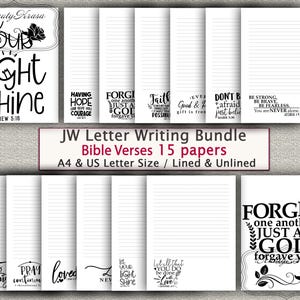 May include: A bundle of lined and unlined JW letter writing papers with Bible verses. The papers are white with black text, featuring inspirational quotes and the words "Let your light shine". Includes A4 and US letter sizes.