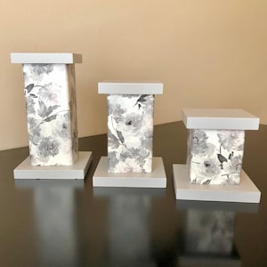 Gray/Floral Wood Candle Holders (set of 3), Wood Candle Block Holders, Wood Candle Holder, Wood Candle Pillar, Candle Riser