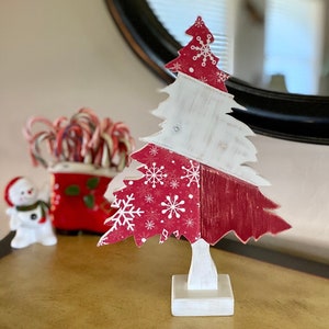 Red/White/Snowflake Wood Christmas Tree, Wood Christmas Tree Decor, Christmas Tiered Tray Decor, Tabletop Christmas Tree, Snowflake Decor