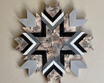 Reclaimed Wood Sunburst Wall Art, Geometric Mosaic, Decoupage Floral