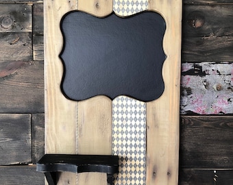 Reclaimed Wood Chalkboard, Matte Gold Frame, Small Shelf