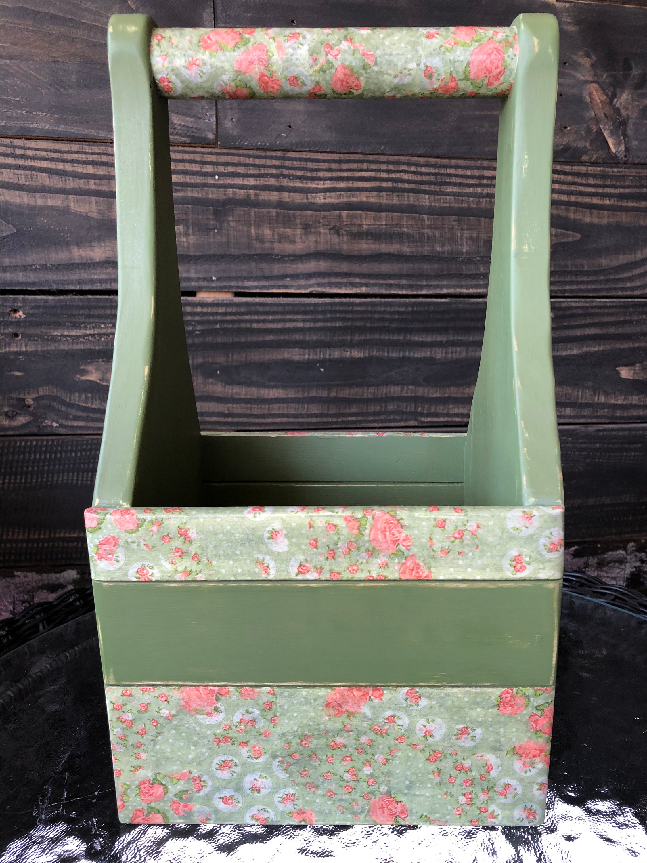 Shabby Chic Wooden Caddy With Handle, Distressed Green and Pink Floral ...