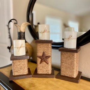 Rustic Wood Candle Holders w/Rope, Wood Candle Block Holders, Wood Pillar Candle Holder, Rustic Candle Holder Set, Wood Candle Stand