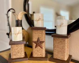 Rustic Wood Candle Holder Set with Jute Rope and Star