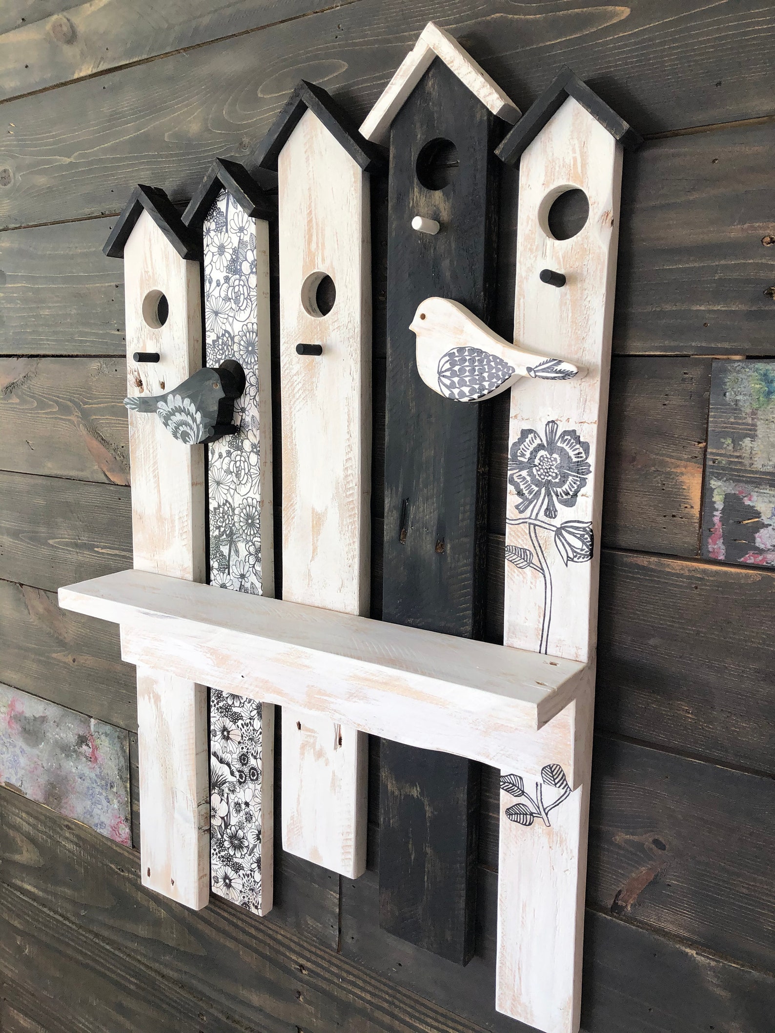 Black and White Bird House Wall Decor with Shelf Pallet Wood Etsy