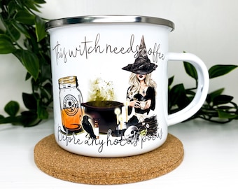 Witchy Enamel Camping Mug: Spooky Halloween Coffee Cup