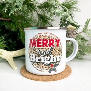 Merry and Bright Coffee Mug, Christmas Enamel Camping Mug, Hot Chocolate Christmas Mug, Leopard Christmas Mug, Sublimation Mug, Tin Mug
