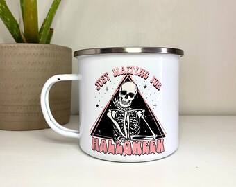 Skeleton Halloween Enamel Camping Mug: Spooky Season Coffee Cup
