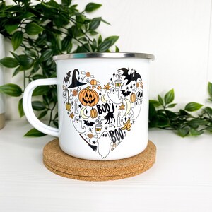 Halloween Coffee Mug, Halloween Doodle Heart Enamel Camping Mug, Fall Coffee Mug, Spooky Season Halloween Cup, Sublimation Mug