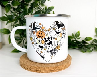 Halloween Enamel Camping Mug: Doodle Heart, Spooky Season Cup