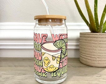 Retro Smiley Save Water Drink Tequila Can Glass, BoHo Hippie, Iced Coffee Glass, Summer Coffee Cup, Soda Can Glass, Lid Glass Straw