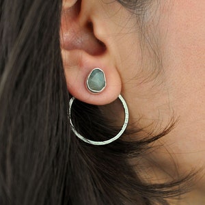 Aquamarine earrings, Ear Jackets, aquamarine stud, silver ring in stud
