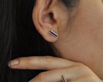 Lapis lazuli earrings high quality natural stone on 925 sterling silver with three lapis lazuli strips, stone cut no chips or poweder