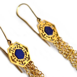 Gold plated lapis lazuli earrings, hexagon lapis earrings, chandelier earrings, long earrings, lapis lazuli chandalier earrings in silver image 2