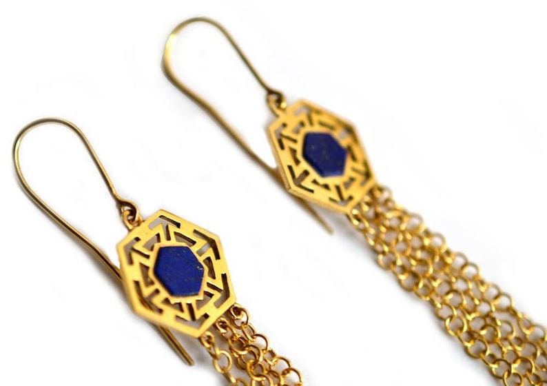 Gold plated lapis lazuli earrings, hexagon lapis earrings, chandelier earrings, long earrings, lapis lazuli chandalier earrings in silver image 2