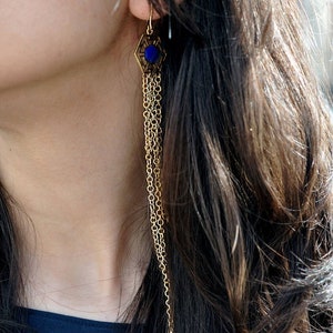Gold plated lapis lazuli earrings, hexagon lapis earrings, chandelier earrings, long earrings, lapis lazuli chandalier earrings in silver image 6