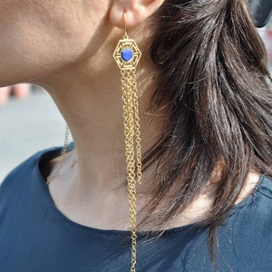 Gold plated lapis lazuli earrings, hexagon lapis earrings, chandelier earrings, long earrings, lapis lazuli chandalier earrings in silver image 1
