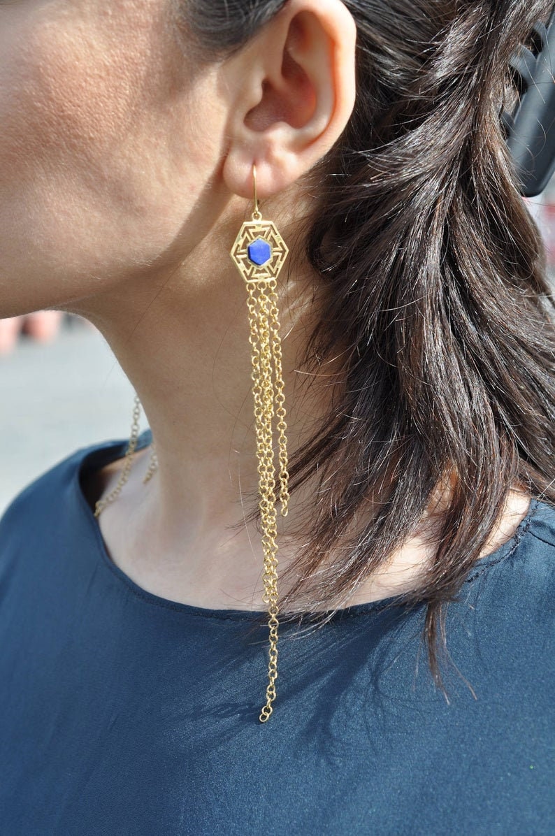 Gold plated lapis lazuli earrings, hexagon lapis earrings, chandelier earrings, long earrings, lapis lazuli chandalier earrings in silver image 1