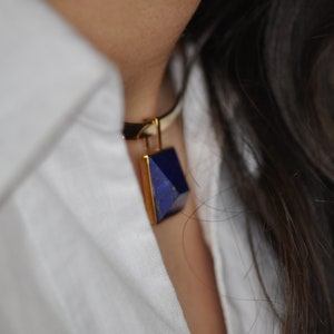 Finest Lapis Lazuli gem on Brass Chocker, Block Modern Statement Chocker, Stylish Minimalist Block Chocker Necklace, Adjustable Handmade image 8