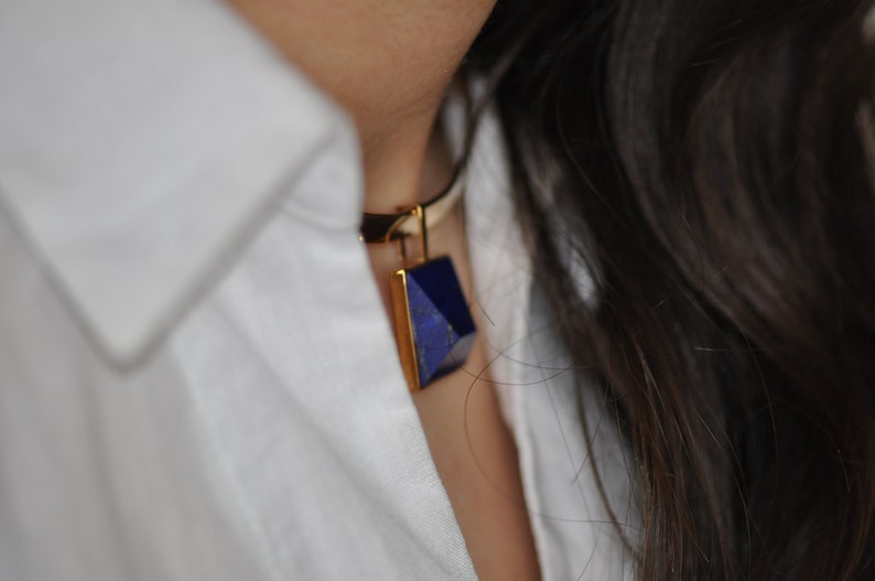 Finest Lapis Lazuli gem on Brass Chocker, Block Modern Statement Chocker, Stylish Minimalist Block Chocker Necklace, Adjustable Handmade image 8