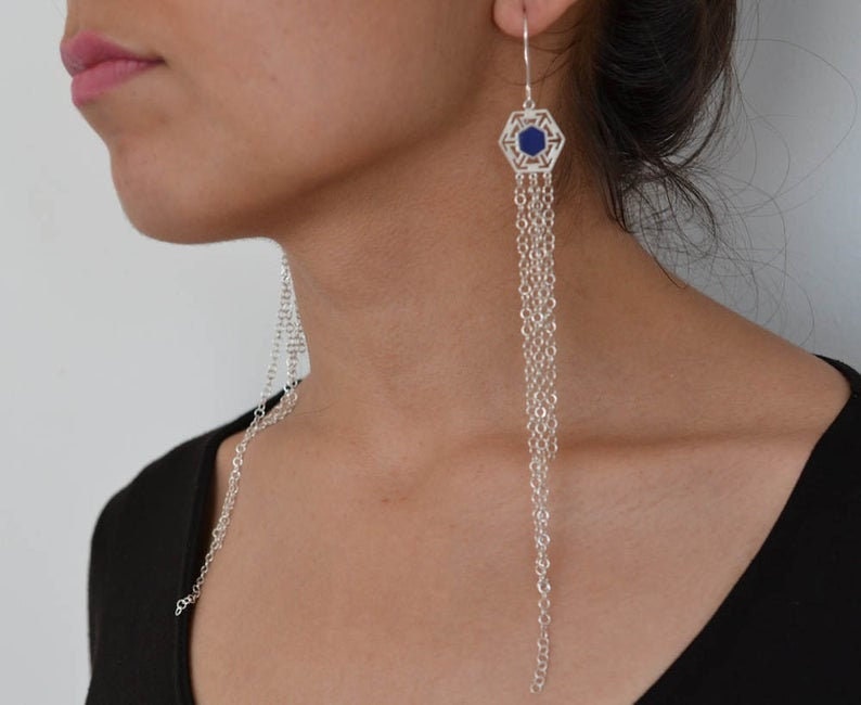 Gold plated lapis lazuli earrings, hexagon lapis earrings, chandelier earrings, long earrings, lapis lazuli chandalier earrings in silver image 4