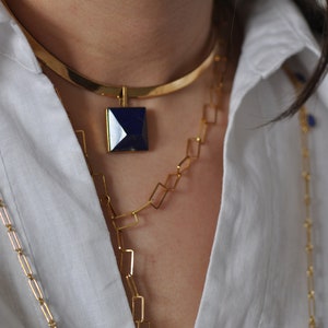 Finest Lapis Lazuli gem on Brass Chocker, Block Modern Statement Chocker, Stylish Minimalist Block Chocker Necklace, Adjustable Handmade image 9