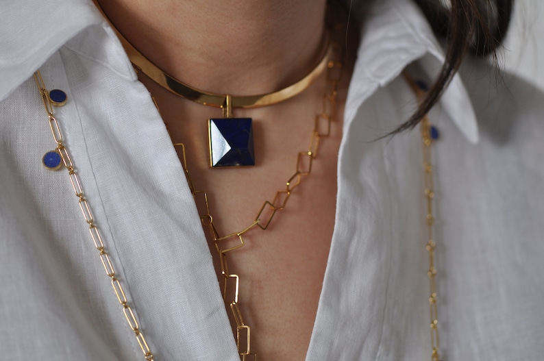 Finest Lapis Lazuli gem on Brass Chocker, Block Modern Statement Chocker, Stylish Minimalist Block Chocker Necklace, Adjustable Handmade image 9