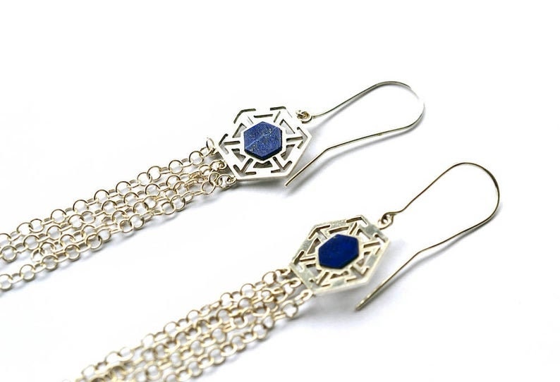 Gold plated lapis lazuli earrings, hexagon lapis earrings, chandelier earrings, long earrings, lapis lazuli chandalier earrings in silver image 3