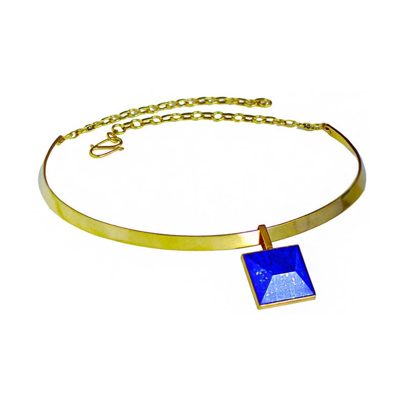Finest Lapis Lazuli gem on Brass Chocker, Block Modern Statement Chocker, Stylish Minimalist Block Chocker Necklace, Adjustable Handmade image 4
