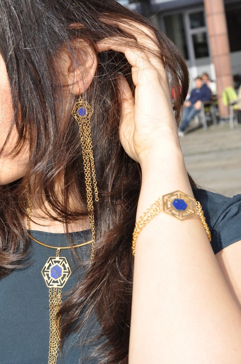 Gold plated lapis lazuli earrings, hexagon lapis earrings, chandelier earrings, long earrings, lapis lazuli chandalier earrings in silver image 5