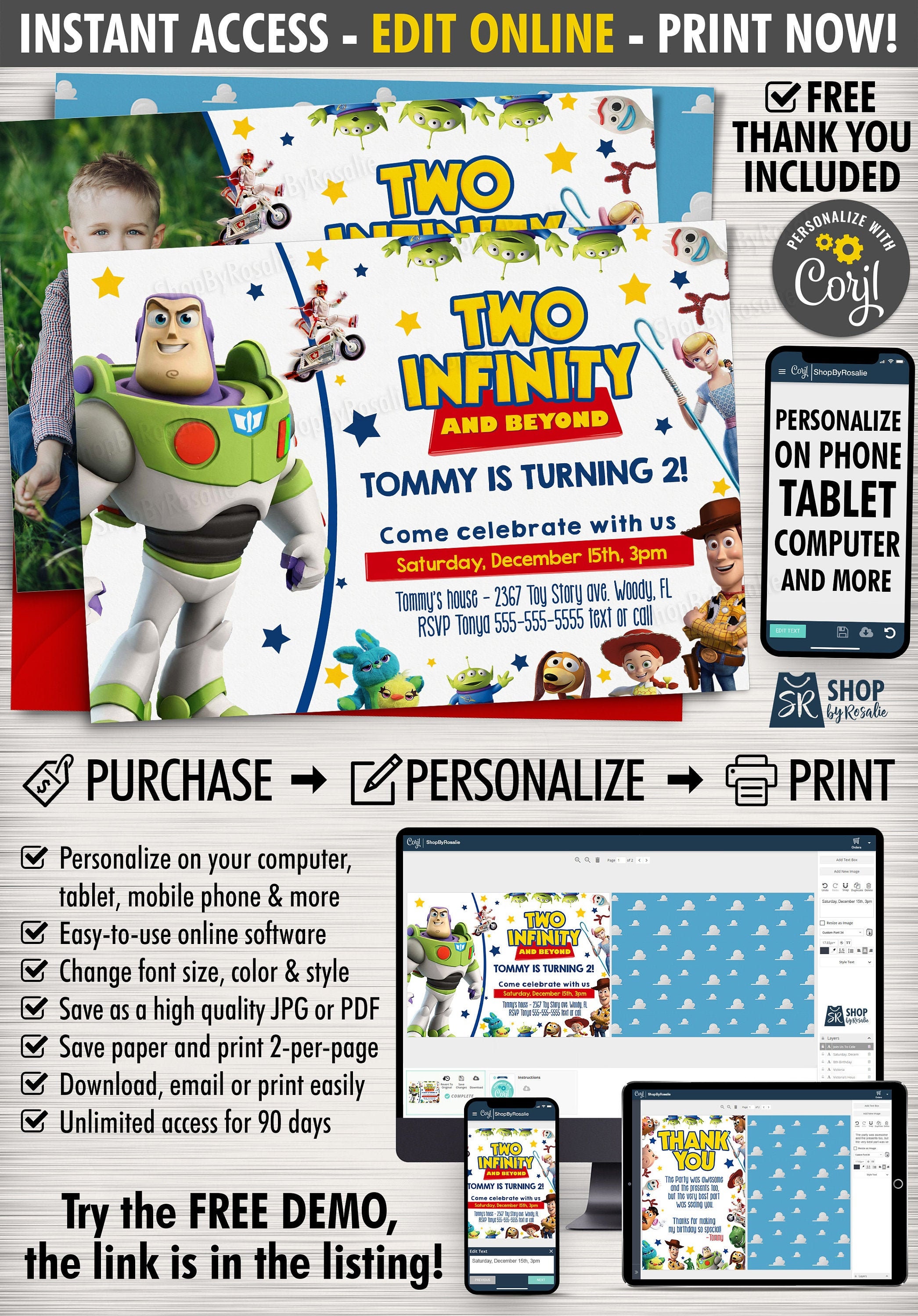 Two Infinity and Beyond Toy Story Photo Birthday Invitation - FREE Th…