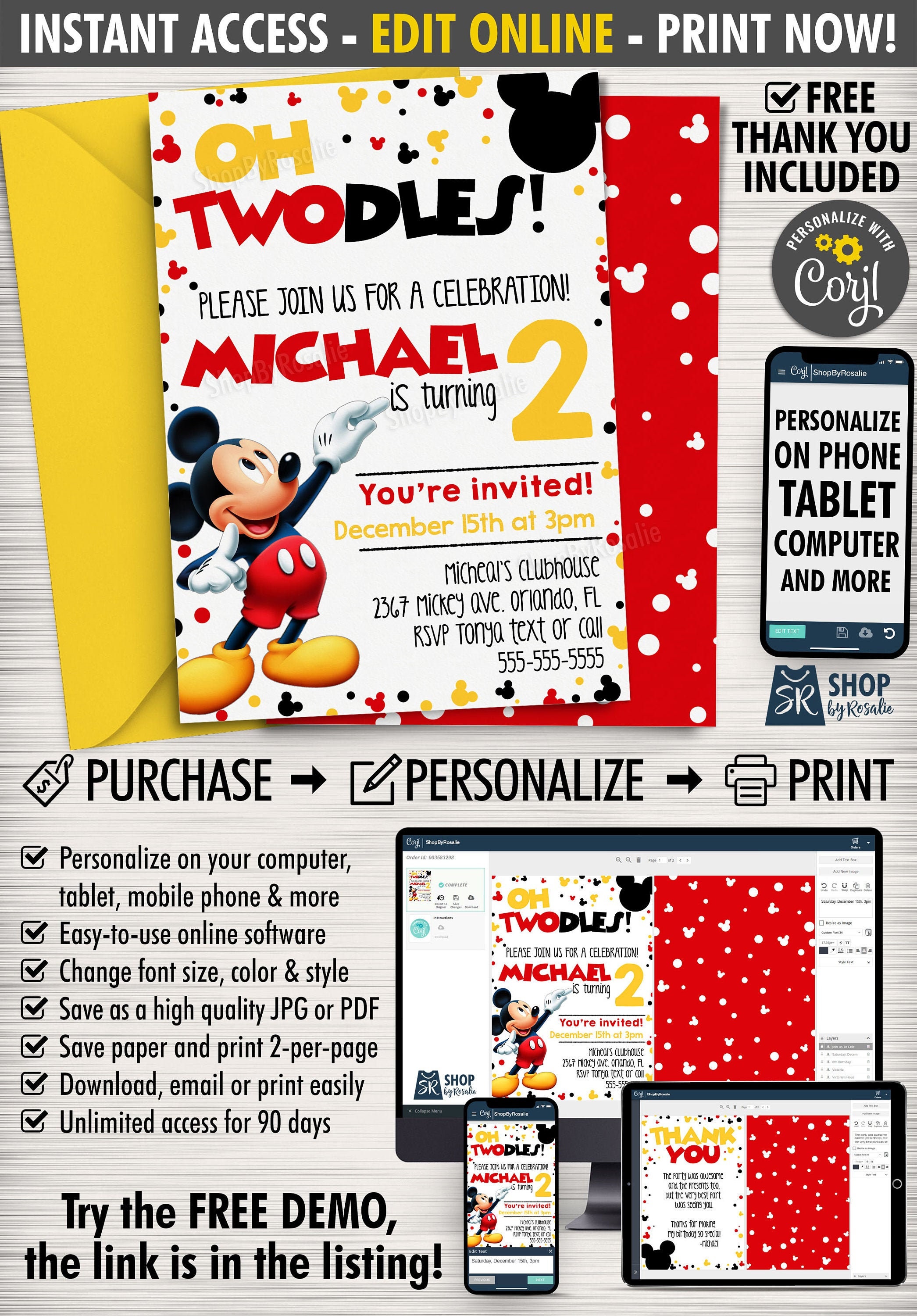 Mickey Mouse Birthday Invite - FREE Thank You - Mickey Mouse Birthday…