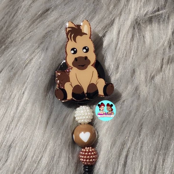 Horse Beaded Badge Reel, Sitting horse Animal badge reel, medical badge reel, Nurse badge reel, RN badge holder, Retractable ID badge!