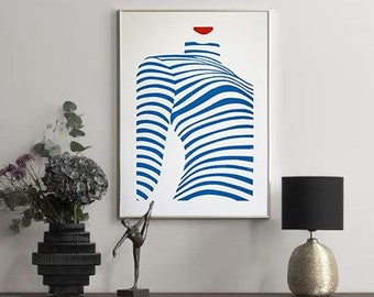 CONCUBINE (A3) - woman - sailor - stripes - elegance - blue - red - poster - painting - art - deco - linocut - printing - Tandem