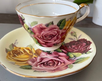 Vintage RARE Aynsley Large Pink Cabbage Roses Yellow Bread and Butter Plate 6 14 Made in England