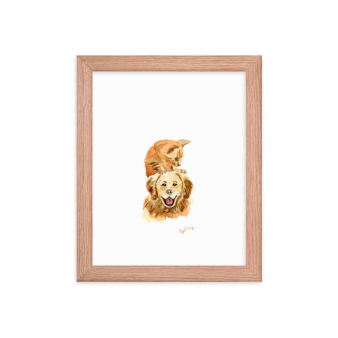 Animal Art Print Dog and Cat Wall Art Framed Cat Painting Dog Painting Framed Dog and Cat Art
