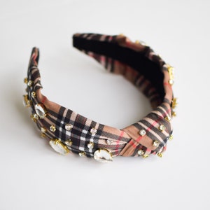 Tartan Embellished knotted Headband, Tartan Headband, Women&#39;s Headband, Pearls, Jeweled Headbands, Gift, Holiday, Christmas