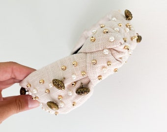 Lele Sadoughi Tan Headband with Gold Embellishments LELE SADOUGHI DESERT TAN PEARL KNOT HEADBAND Brand new | eBay main image 4