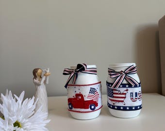 Handmade 4th of July Mason Jar Set,USA Map Jar, Stars & Strips Decor,Patriotic Vases, Rustic Americana, Independence Day Decor, Veteran Gift