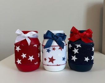 Handmade 4th of July Mason Jar Set, Patriotic Decor, Red White Blue Vases, Star Centerpiece, Rustic Table Decor, USA Independence Day