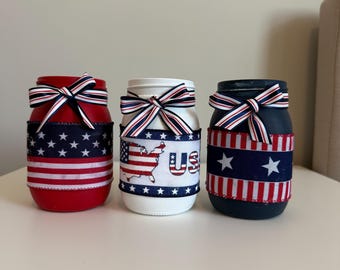 Handmade 4th of July Mason Jar Set, USA Map Jar, Patriotic Decor, Red White Blue Vases, Rustic Stars & Stripes, Americana Centerpiece