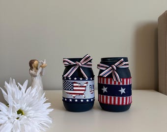 Handmade 4th of July Mason Jar Set,USA Map Jar, Stars & Strips Decor,Patriotic Vases, Rustic Americana, Independence Day Decor, Veteran Gift