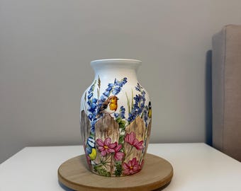 Birds on a Fence Vase, Handmade Decoupage Floral Vase with Spring Birds, Rustic Cottagecore Home Décor, Housewarming Gift, Gifts for mom