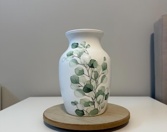 Eucalyptus Whisper Vase, Hand-Decoupaged White Vase with Soft Green Leaf Design, Nature-Inspired Elegant Home Decor, Botanical Accent Vase