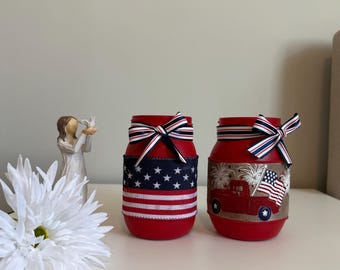 Handmade 4th of July Mason Jar Set, USA Map Jar, Stars & Stripes Decor, Patriotic Vases, Rustic Americana, Veteran Gift Idea, Patriotic Gift