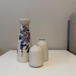 Butterfly Garden Vase Trio- Hand-Decoupaged White Ceramic Vases with Purple Florals & Blue Butterflies, Elegant Feminine Home Decor Set