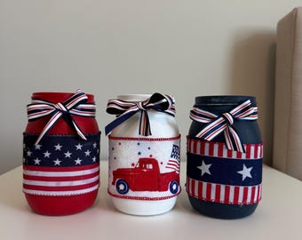 Handmade 4th of July Mason Jar Set,Patriotic Decor,Red Truck Vase, Stars and Stripes, Rustic Americana, Independence Day Decor, Veteran Gift