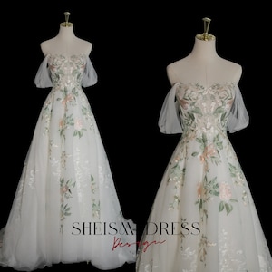 Forest Fairy Wedding Dress Green Lace Wedding Cathedral Wedding Dress Romantic Forest Wedding Dress Off the shoulders Prom Dress W51866