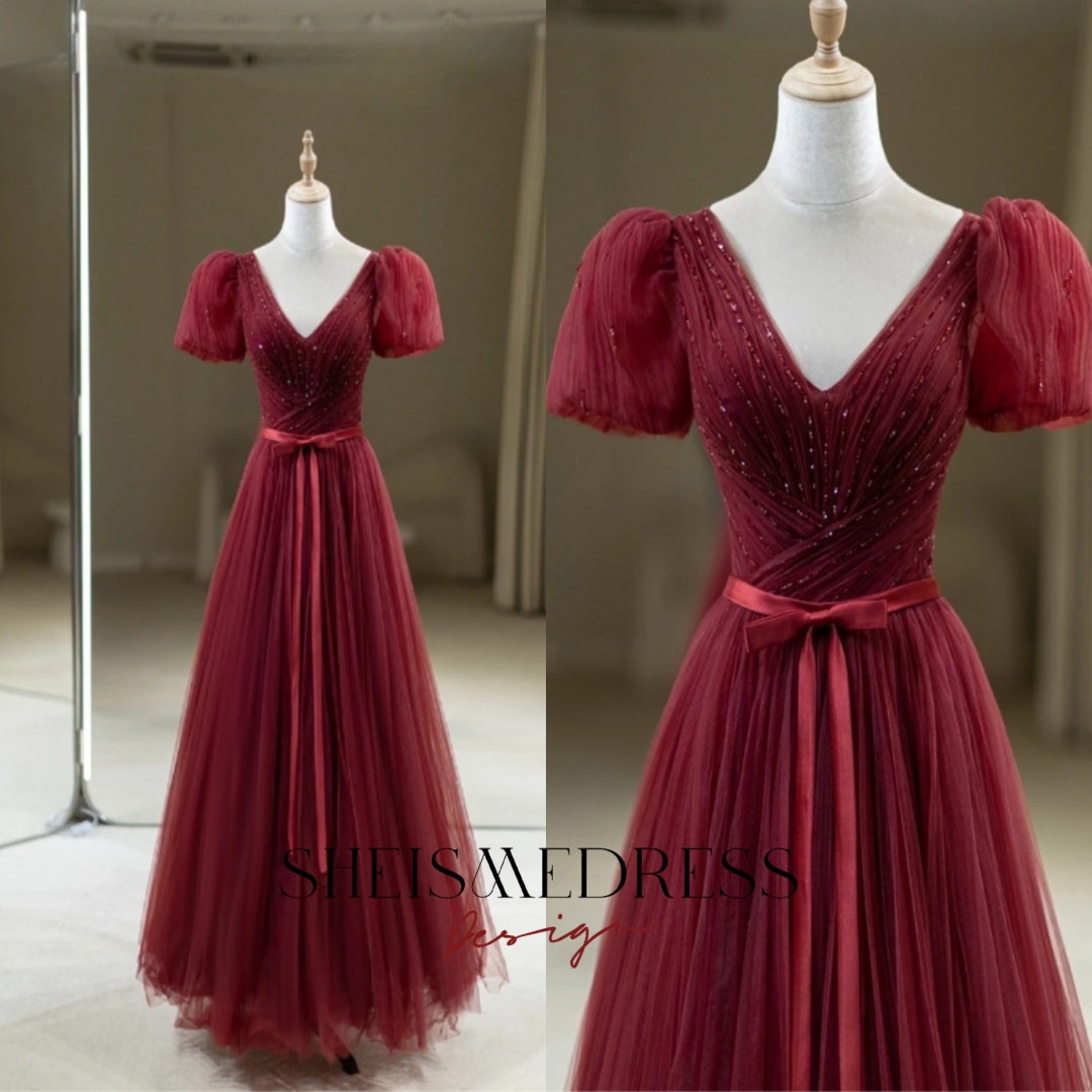 Elegant Glamour Ball Gown Off The Shoulder Short Sleeves Burgundy Tulle Prom Dress Party Dress Evening Dresses DP1508