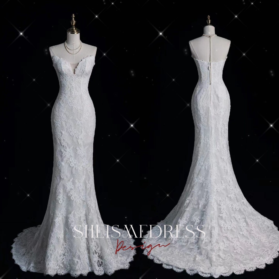 Mermaid Ivory V Neck Lace Wedding Dresses Appliques A Line Prom Gown ...